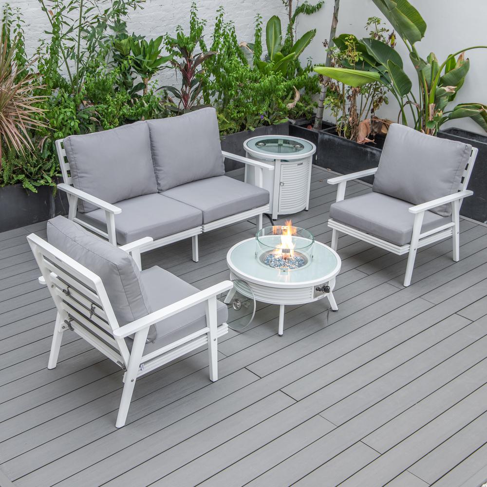 LeisureMod Walbrooke Modern White Patio Conversation With Round Fire Pit With Slats Design & Tank Holder, Grey. The main picture.