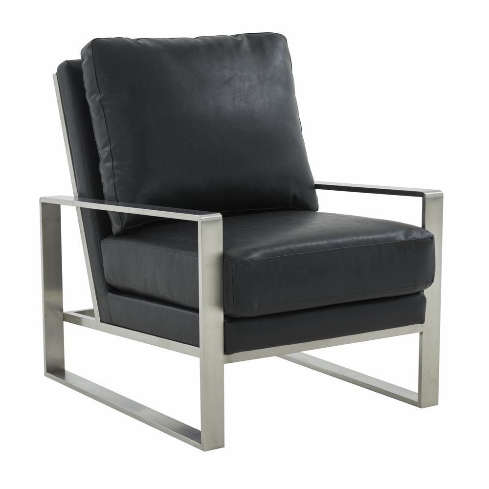 LeisureMod Jefferson Leather Modern Design Accent Armchair With Elegant Silver Frame, Black. Picture 1