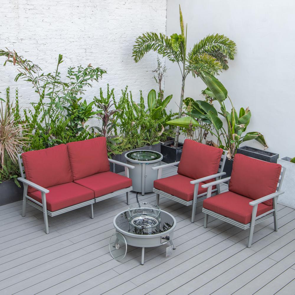 LeisureMod Walbrooke Modern Grey Patio Conversation With Round Fire Pit & Tank Holder, Red. Picture 9