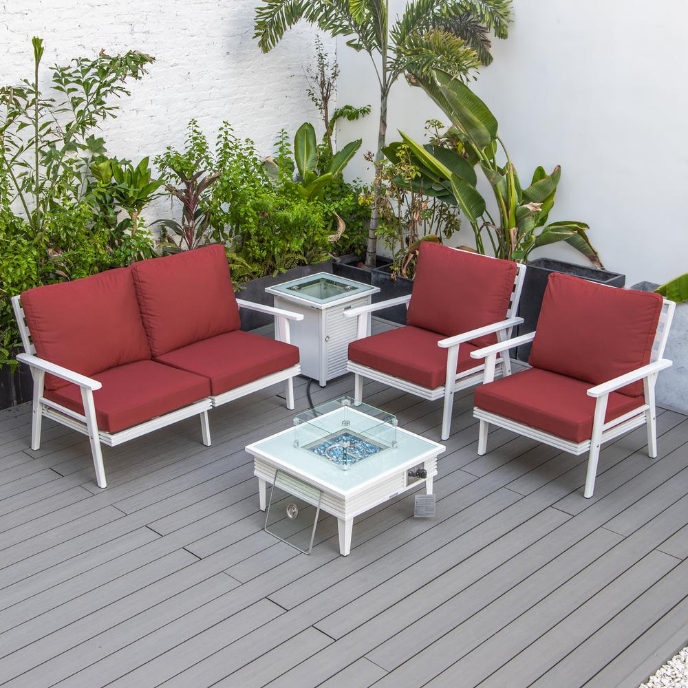 LeisureMod Walbrooke Modern White Patio Conversation With Square Fire Pit With Slats Design & Tank Holder, Red. Picture 6