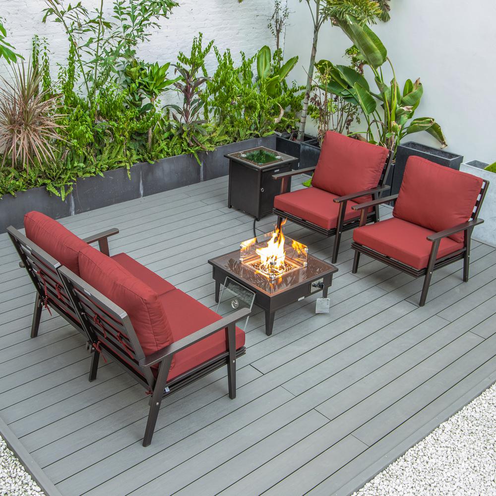 LeisureMod Walbrooke Modern Brown Patio Conversation With Square Fire Pit & Tank Holder, Red. Picture 9