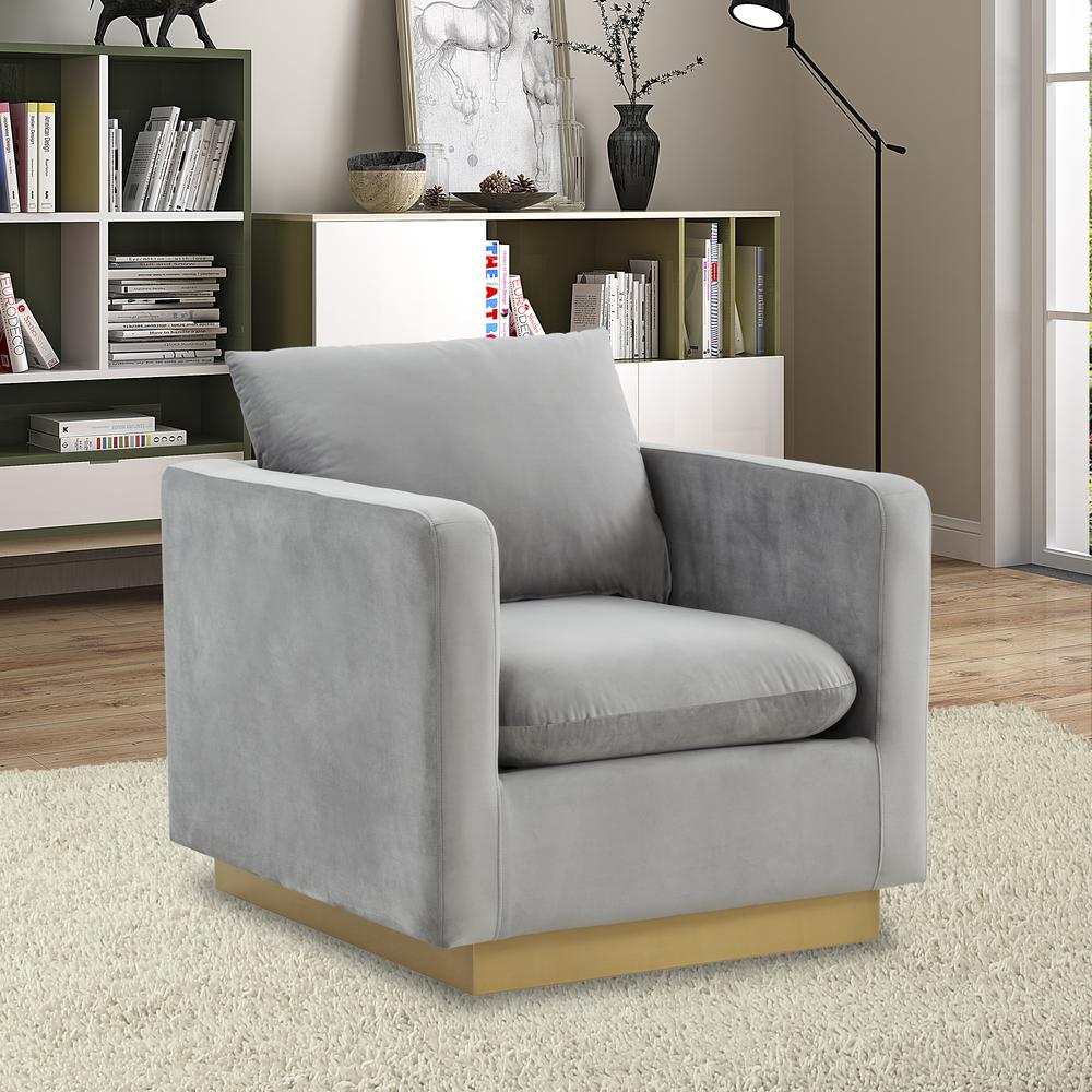 LeisureMod Nervo Velvet Accent Armchair With Gold Frame, Light Grey. Picture 6