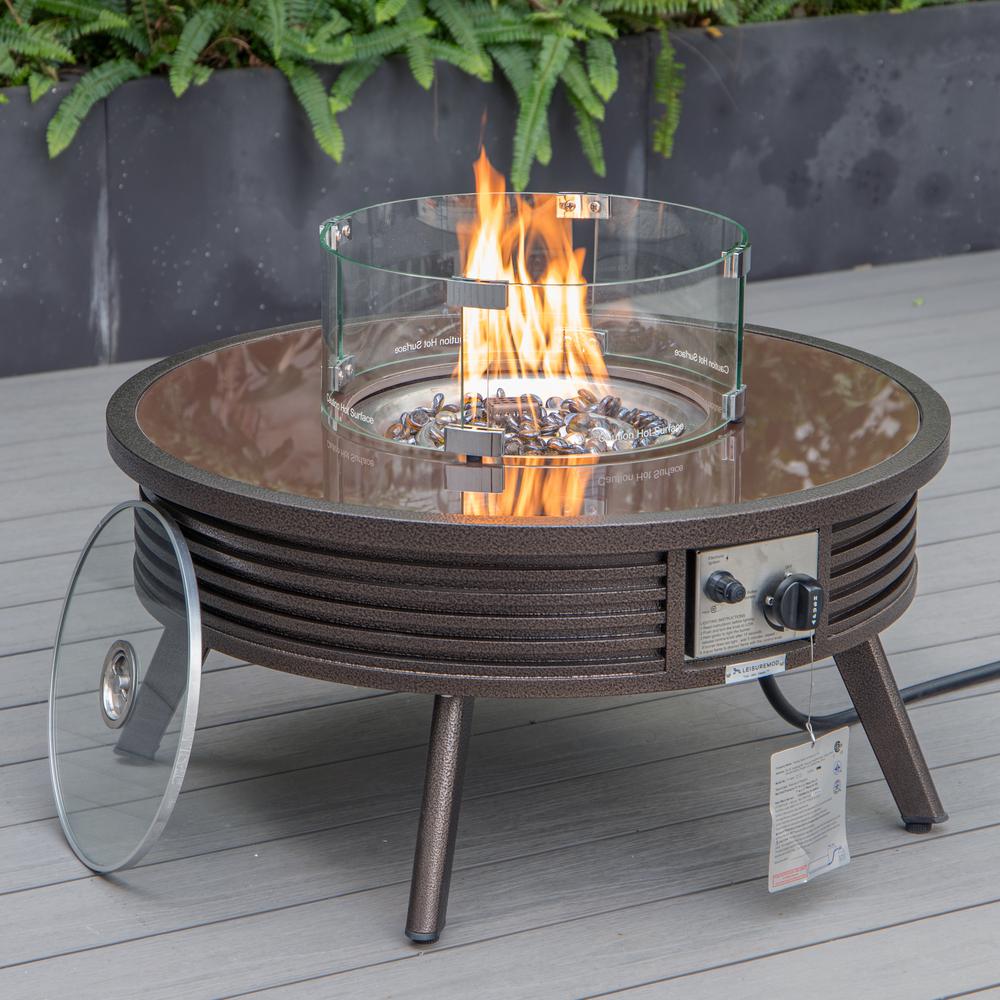 LeisureMod Walbrooke Modern Brown Patio Conversation With Round Fire Pit With Slats Design & Tank Holder, Navy Blue. Picture 3