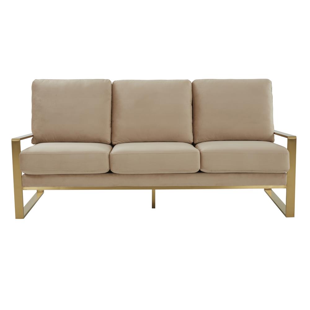 LeisureMod Jefferson Contemporary Modern Design Velvet Sofa With Gold Frame., Beige. Picture 6