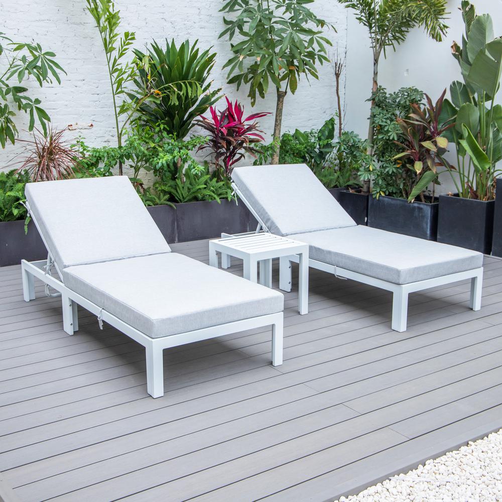 LeisureMod Chelsea Modern Outdoor White Chaise Lounge Chair Set of 2 With Side Table & Cushions Light Grey. Picture 2