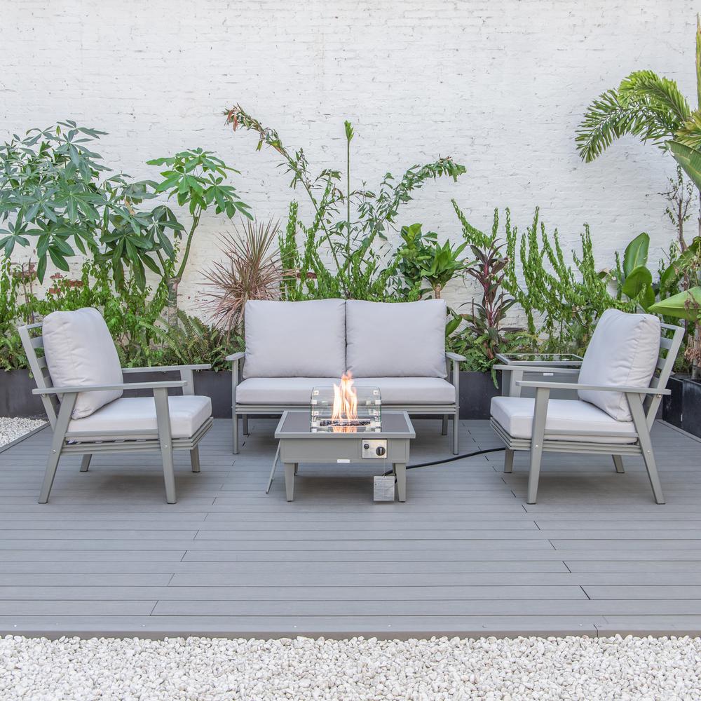 LeisureMod Walbrooke Modern Grey Patio Conversation With Square Fire Pit & Tank Holder, Light Grey. Picture 6