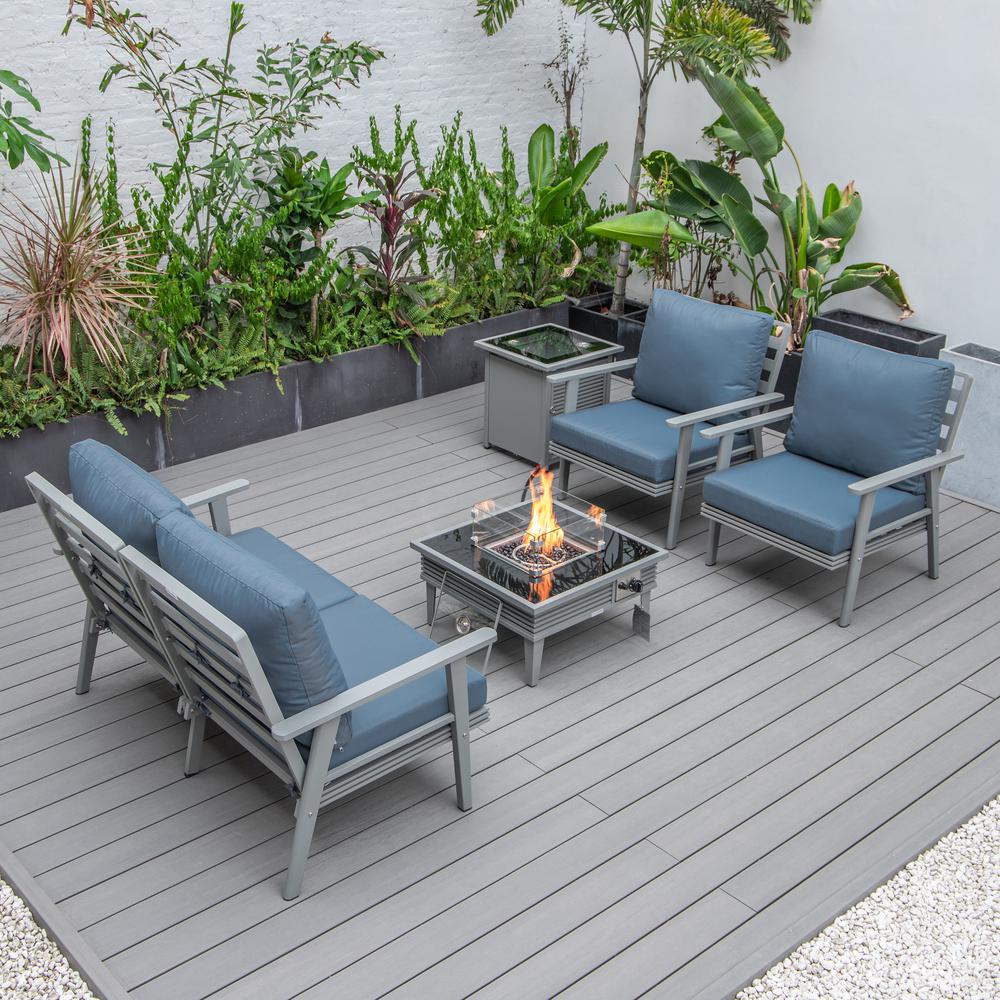 LeisureMod Walbrooke Modern Grey Patio Conversation With Square Fire Pit With Slats Design & Tank Holder, Navy Blue. Picture 7