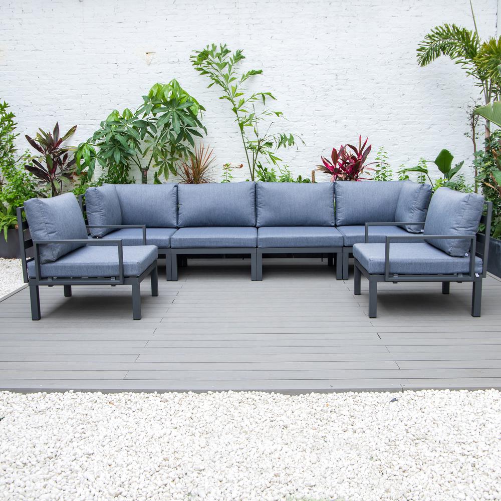 LeisureMod Hamilton 6-Piece Aluminum Patio Conversation Set With Cushions Charcoal Blue. Picture 3