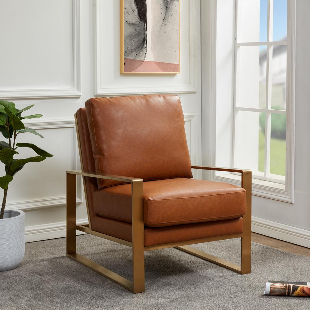 LeisureMod Jefferson Leather Modern Design Accent Armchair With Elegant Gold Frame, Cognac Tan. Picture 2