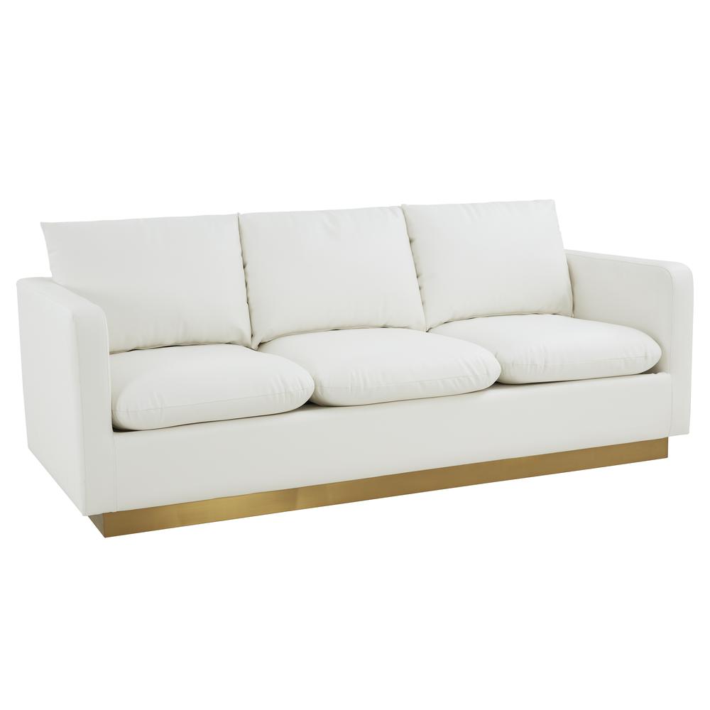 Nervo Modern Mid-Century Upholstered Leather Sofa with Gold Frame. Picture 1