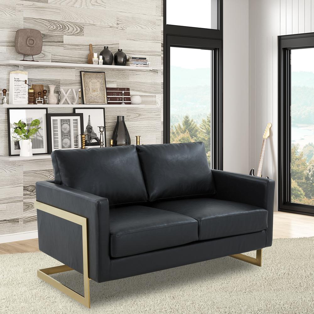 LeisureMod Lincoln Modern Mid-Century Upholstered Leather Loveseat with Gold Frame, Black. Picture 5