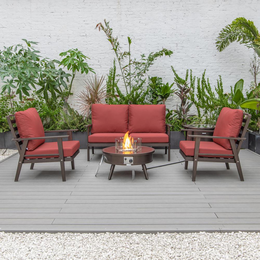 LeisureMod Walbrooke Modern Brown Patio Conversation With Round Fire Pit & Tank Holder, Red. Picture 8