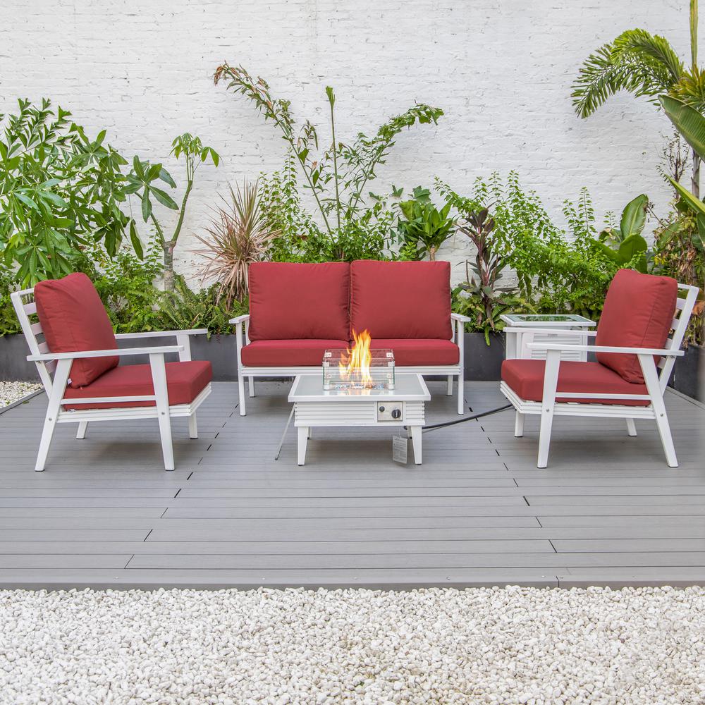 LeisureMod Walbrooke Modern White Patio Conversation With Square Fire Pit With Slats Design & Tank Holder, Red. Picture 9