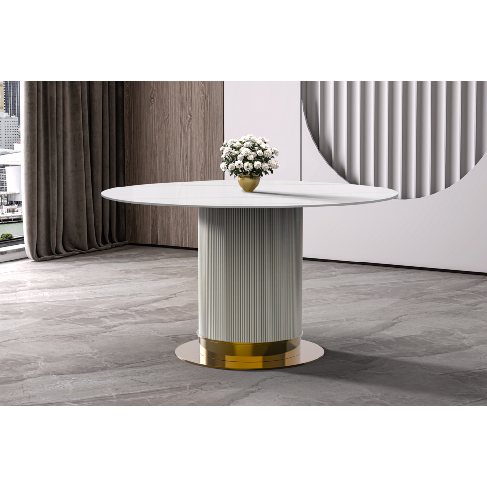Round Dining Table White\Gold Base with 60 Round White/Gold Sintered Stone Top. Picture 5