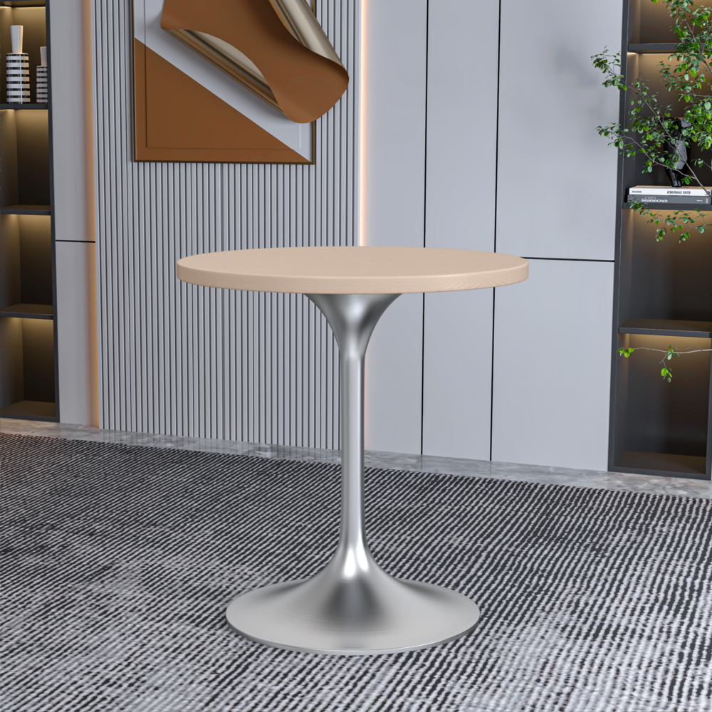 Verve 27" Round Dining Table, Brushed Chrome Base with Light Natural Wood Top. Picture 6