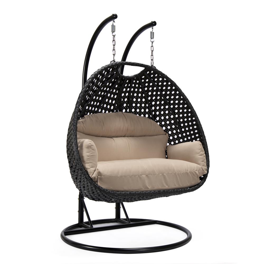 LeisureMod MendozaWicker Hanging 2 person Egg Swing Chair in Beige. Picture 1