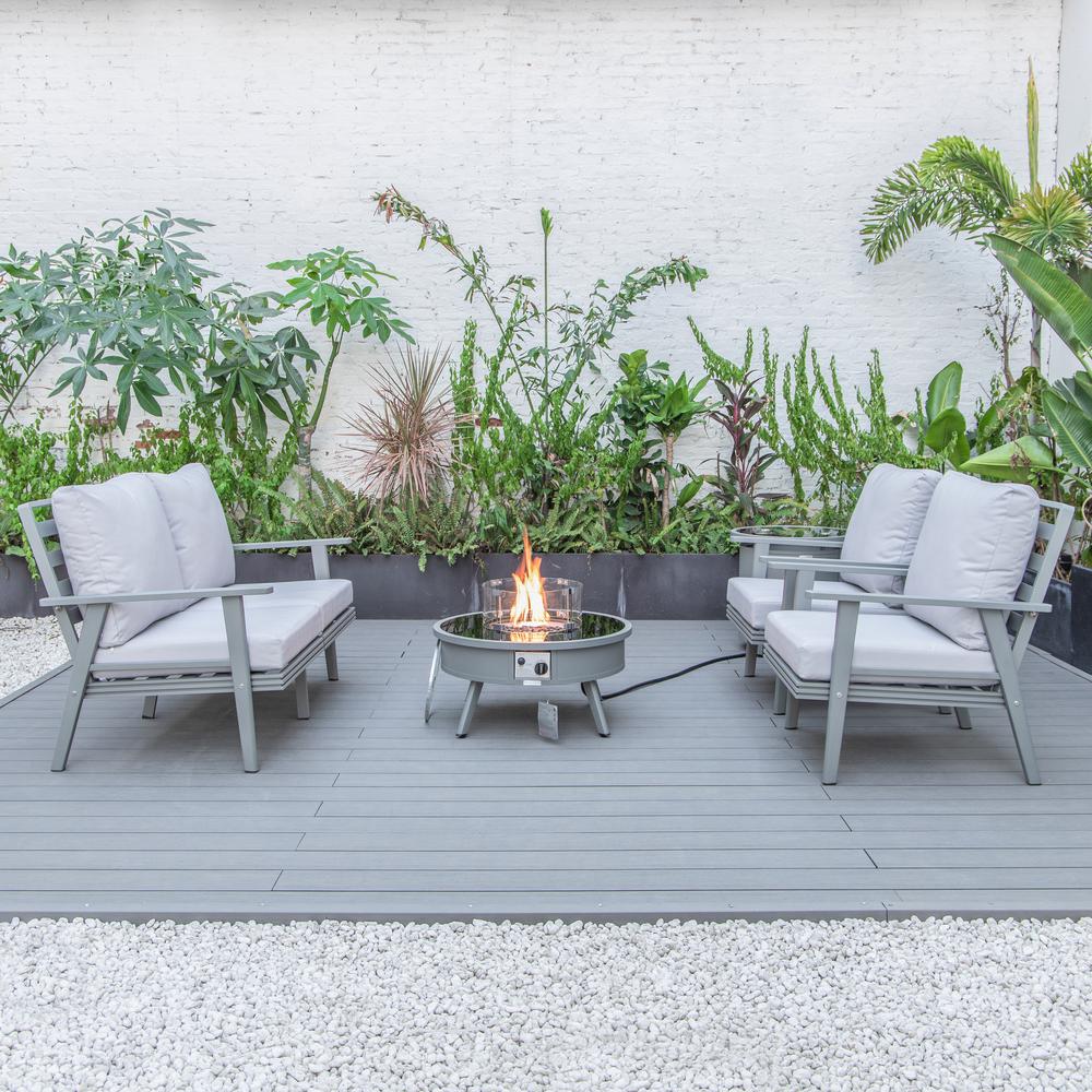 LeisureMod Walbrooke Modern Grey Patio Conversation With Round Fire Pit & Tank Holder, Light Grey. Picture 6