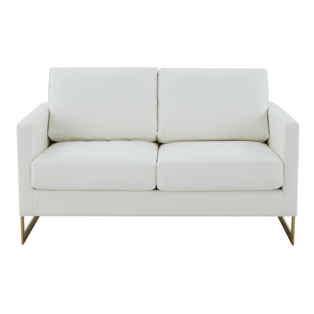 LeisureMod Lincoln Modern Mid-Century Upholstered Leather Loveseat with Gold Frame, White. Picture 2