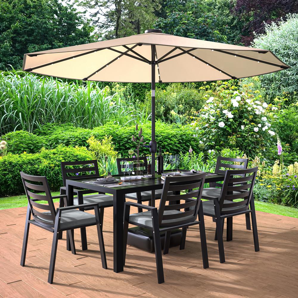 Chelsea Aluminum Outdoor Dining Table With 8 Chairs and Charcoal Black Cushions. Picture 7