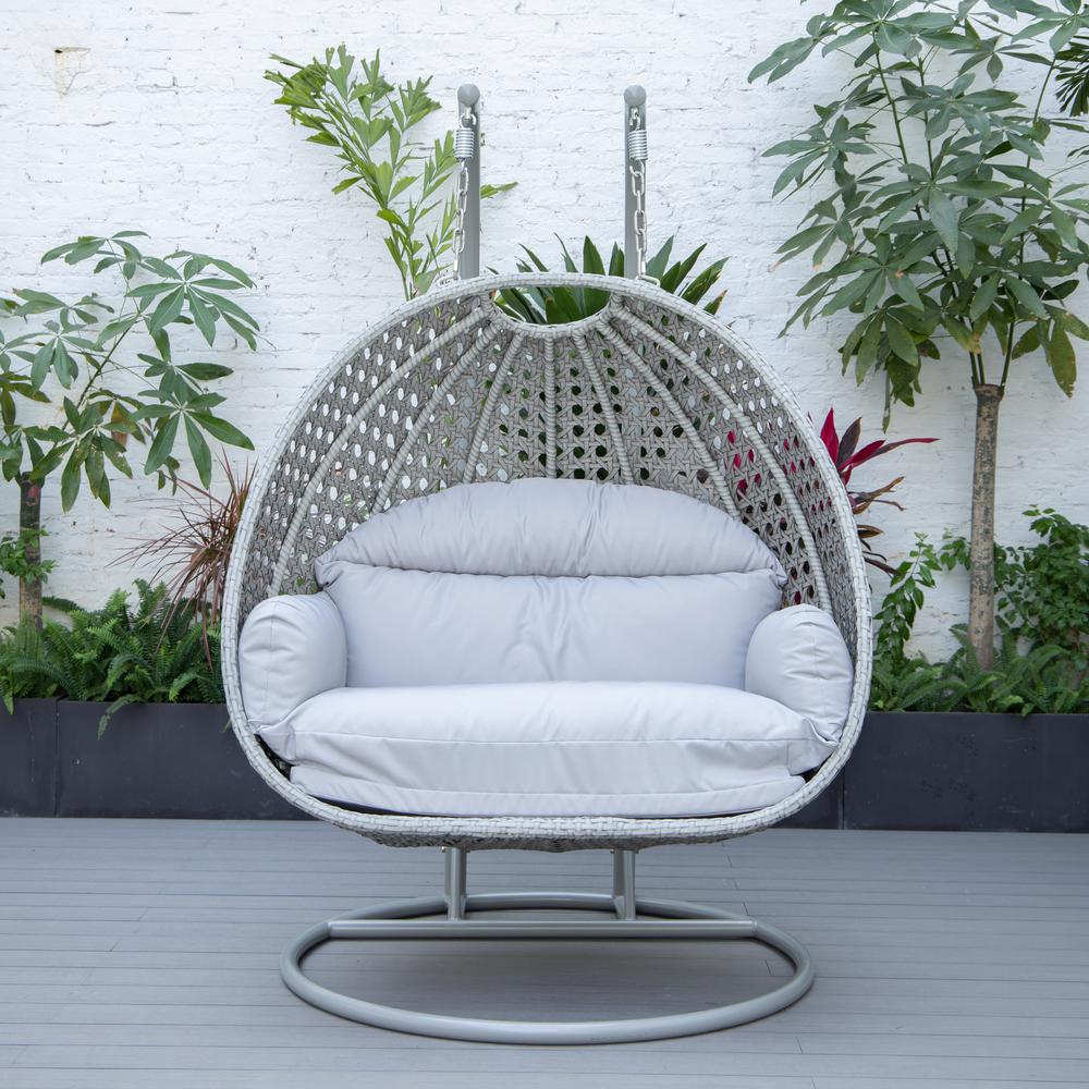 LeisureMod Wicker Hanging 2 person Egg Swing Chair in Light Grey. Picture 4