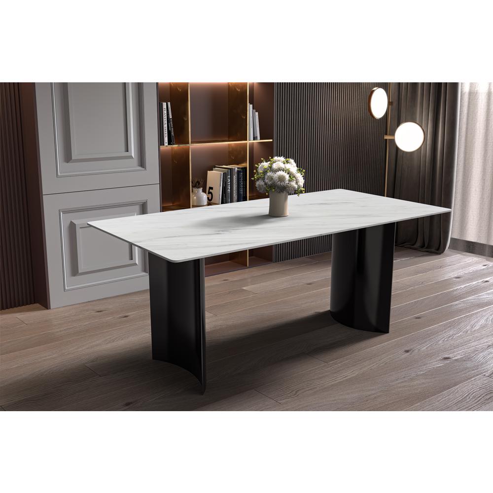 Modern Dining Table Black Stainless Steel Base, With 55 White Sintered Stone Top. Picture 8