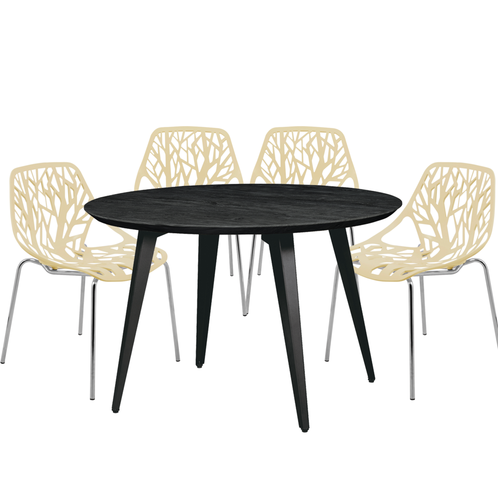 5-Piece Dining Set with 4 Stackable Plastic Chairs and Round Wood Table. Picture 1
