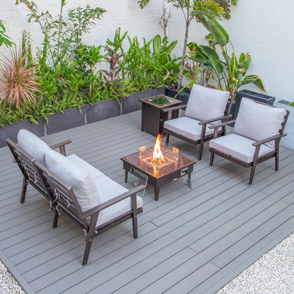 LeisureMod Walbrooke Modern Brown Patio Conversation With Square Fire Pit & Tank Holder, Light Grey. Picture 9