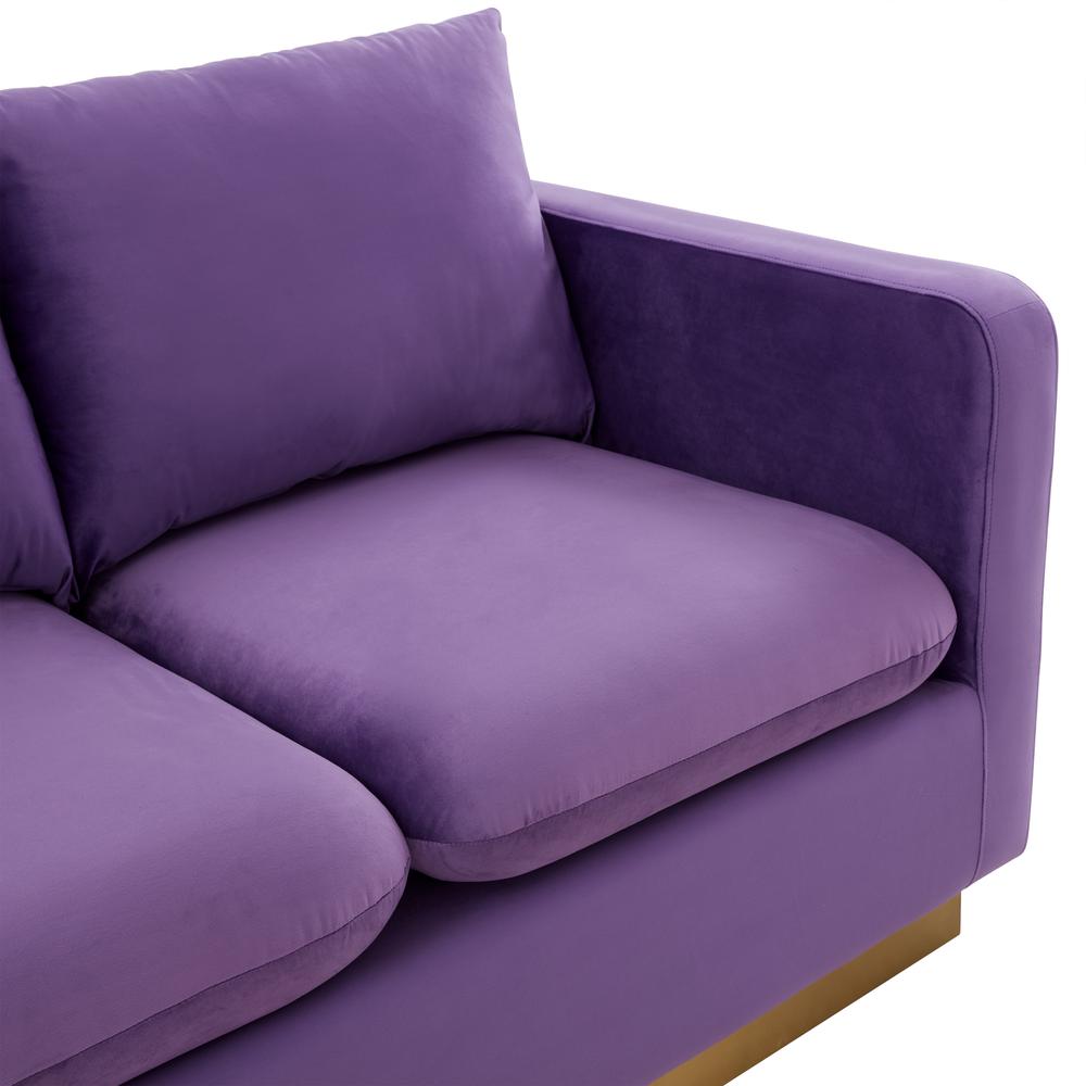 LeisureMod Nervo Modern Mid-Century Upholstered Velvet Loveseat with Gold Frame, Purple. Picture 5