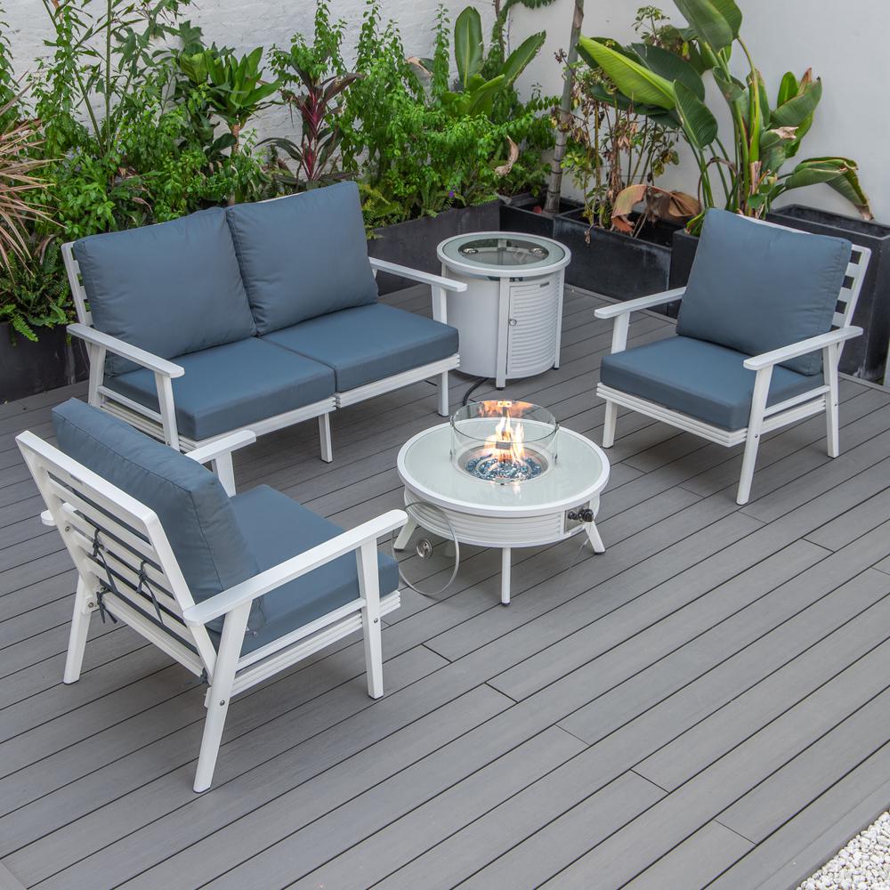 LeisureMod Walbrooke Modern White Patio Conversation With Round Fire Pit With Slats Design & Tank Holder, Navy Blue. Picture 1