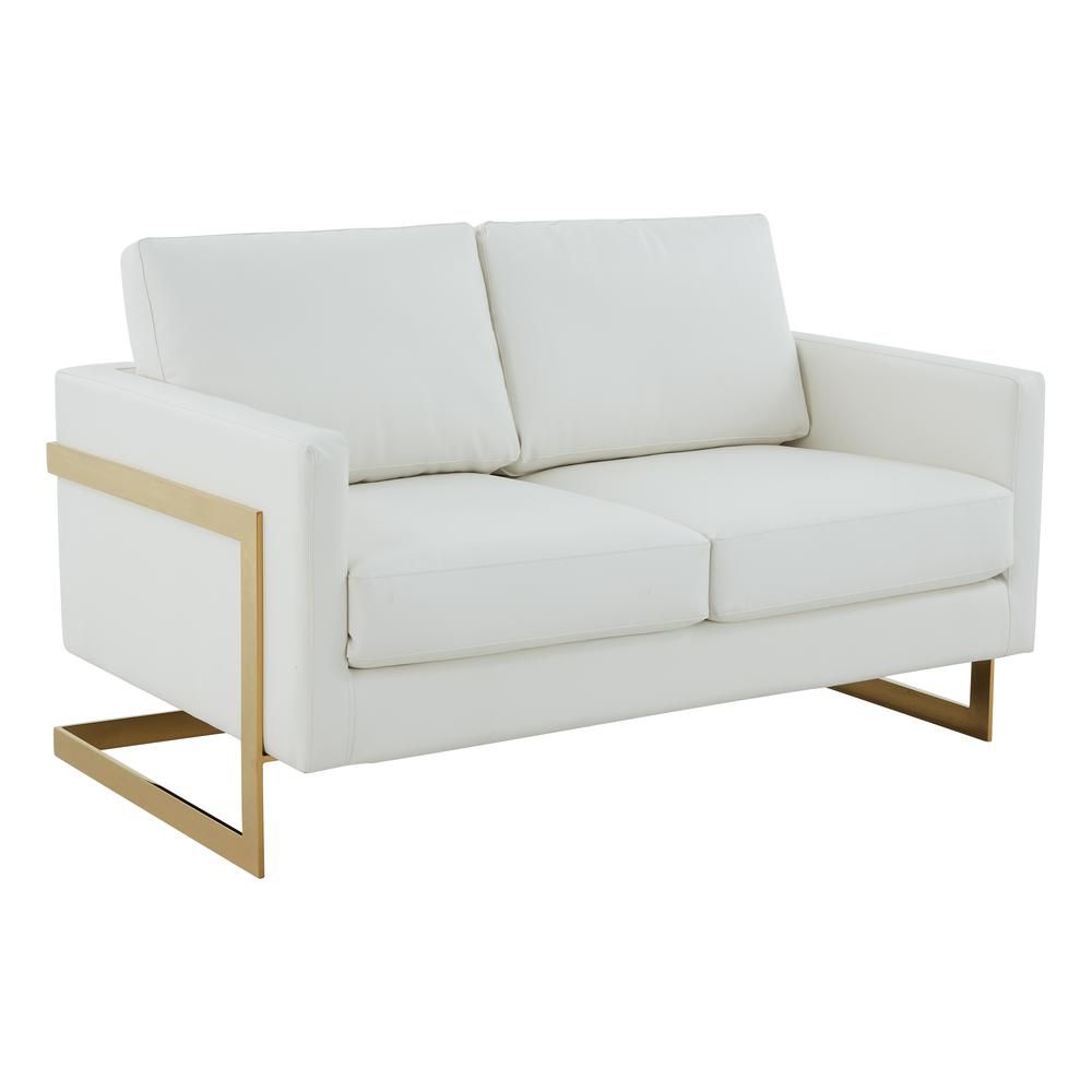 LeisureMod Lincoln Modern Mid-Century Upholstered Leather Loveseat with Gold Frame, White. Picture 1