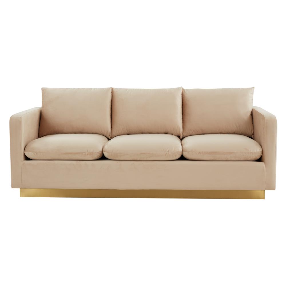 LeisureMod Nervo Modern Mid-Century Upholstered Velvet Sofa with Gold Frame, Beige. Picture 1