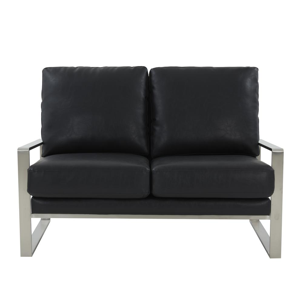 Leisuremod Jefferson Contemporary Modern Faux Leather Loveseat With Silver Frame, Black. Picture 6