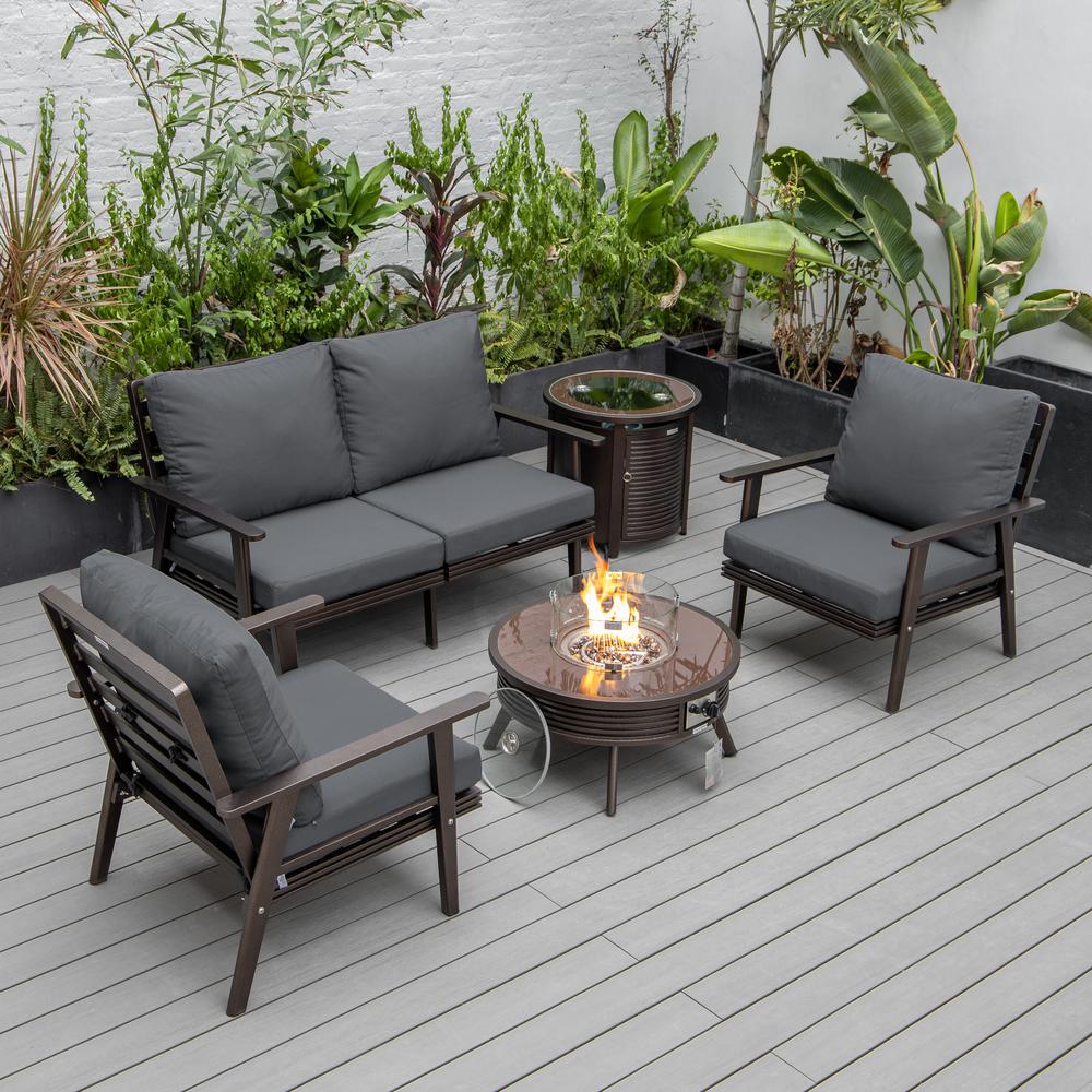 LeisureMod Walbrooke Modern Brown Patio Conversation With Round Fire Pit With Slats Design & Tank Holder, Charcoal. Picture 1