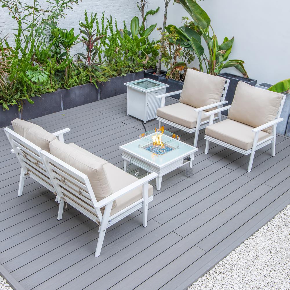 LeisureMod Walbrooke Modern White Patio Conversation With Square Fire Pit With Slats Design & Tank Holder, Beige. Picture 6