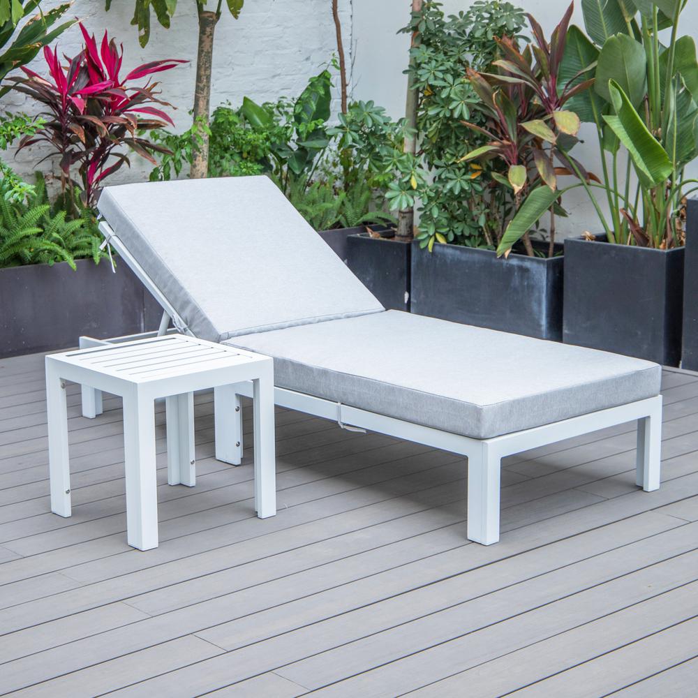 LeisureMod Chelsea Modern Outdoor White Chaise Lounge Chair With Side Table & Cushions Light Grey. Picture 4