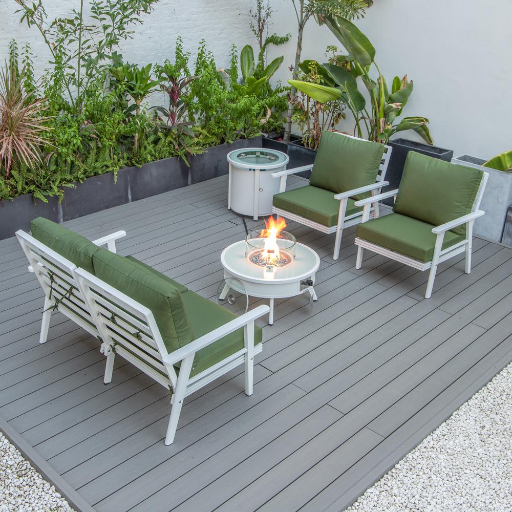 LeisureMod Walbrooke Modern White Patio Conversation With Round Fire Pit & Tank Holder, Green. Picture 8