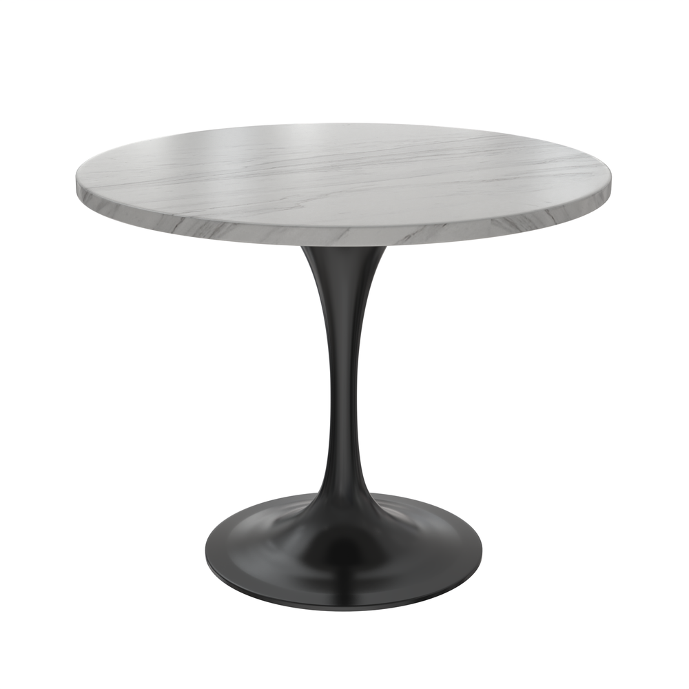 Verve 36 Round Dining Table, Black Base with Sintered Stone White Top. Picture 1