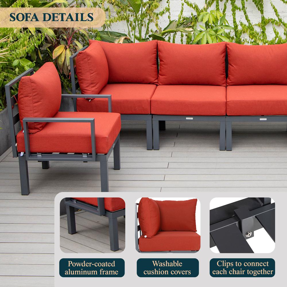 LeisureMod Chelsea 6-Piece Patio Sectional Black Aluminum With Cushions in Red. Picture 33