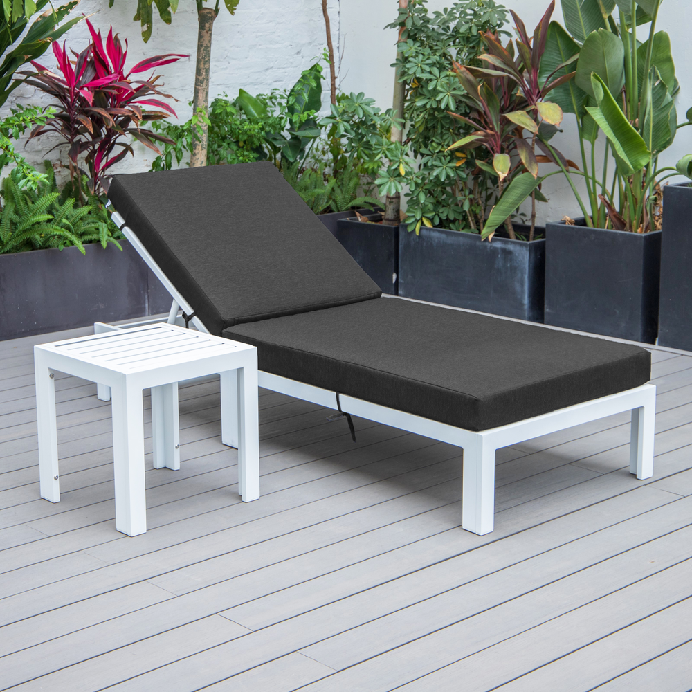 Chelsea Modern Outdoor White Chaise Lounge Chair With Side Table & Cushions. Picture 3