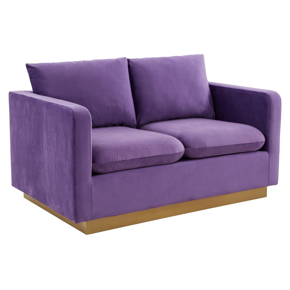 LeisureMod Nervo Modern Mid-Century Upholstered Velvet Loveseat with Gold Frame, Purple. Picture 1