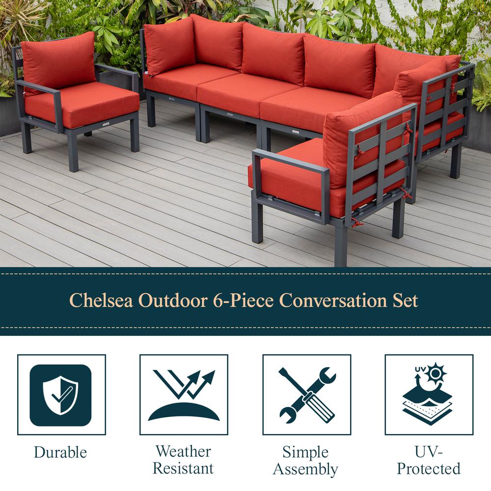 LeisureMod Chelsea 6-Piece Patio Sectional Black Aluminum With Cushions in Red. Picture 31