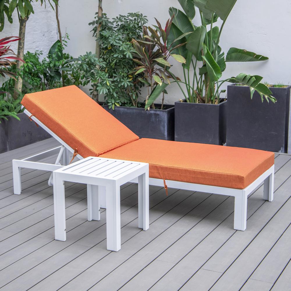 LeisureMod Chelsea Modern Outdoor White Chaise Lounge Chair With Side Table & Cushions Orange. Picture 3