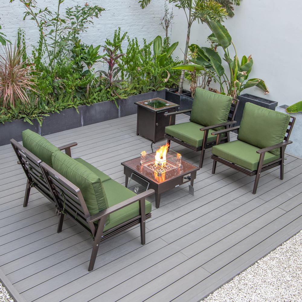 LeisureMod Walbrooke Modern Brown Patio Conversation With Square Fire Pit & Tank Holder, Green. Picture 8