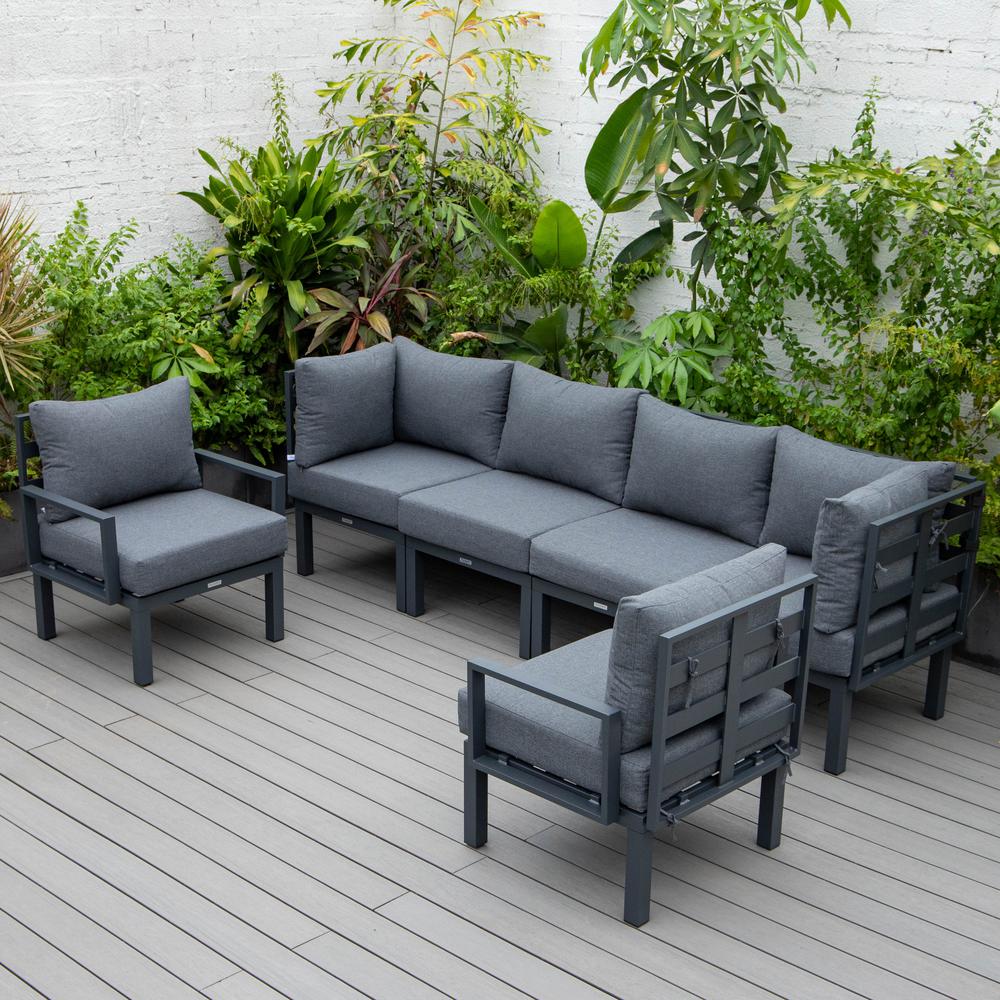 LeisureMod Chelsea 6-Piece Patio Sectional Black Aluminum With Cushions in Black. Picture 31