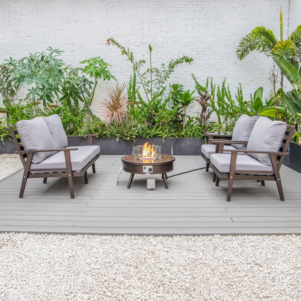 LeisureMod Walbrooke Modern Brown Patio Conversation With Round Fire Pit With Slats Design & Tank Holder, Grey. Picture 9