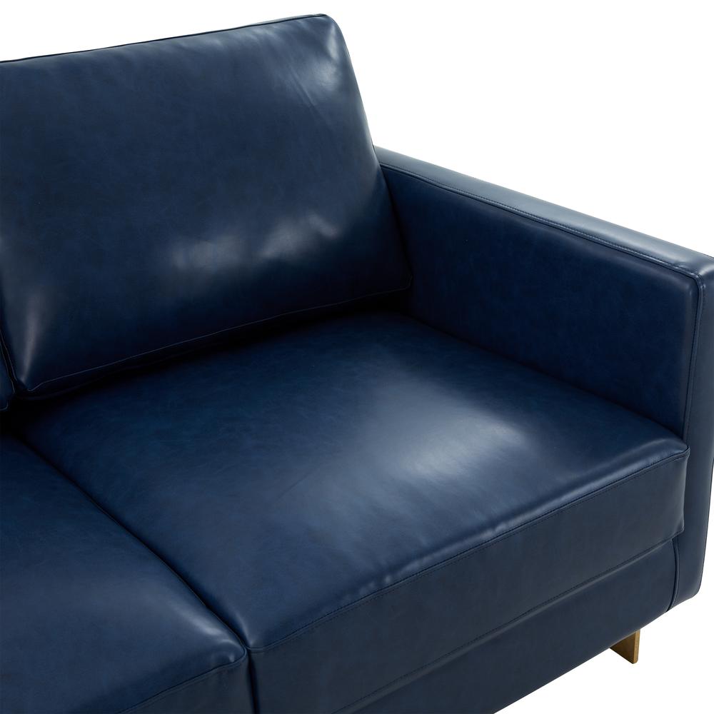 LeisureMod Lincoln Modern Mid-Century Upholstered Leather Loveseat with Gold Frame, Navy Blue. Picture 4
