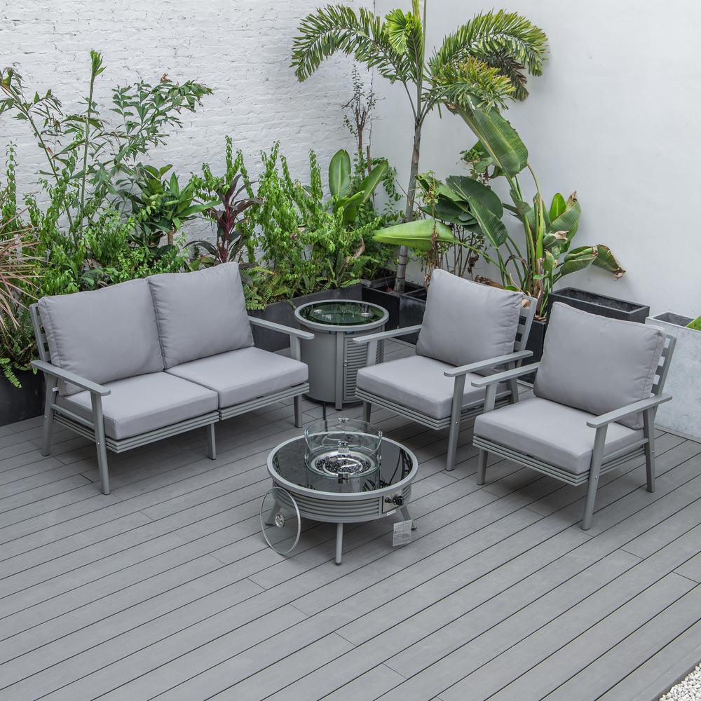 LeisureMod Walbrooke Modern Grey Patio Conversation With Round Fire Pit With Slats Design & Tank Holder, Grey. Picture 7