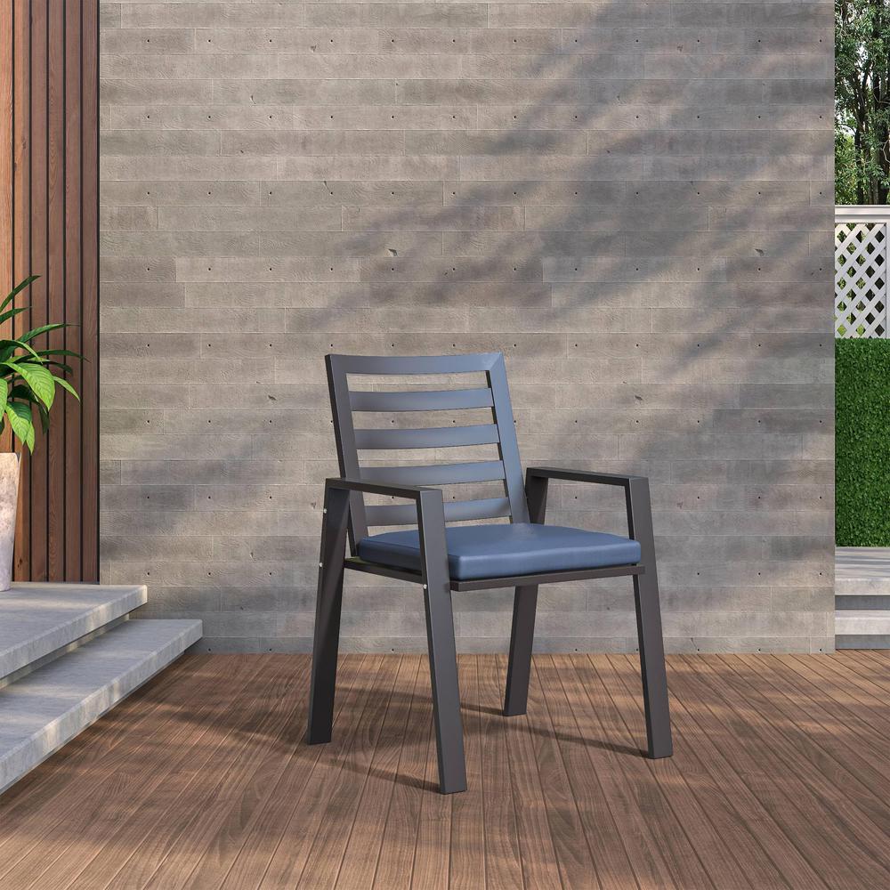 Chelsea Aluminum Outdoor Dining Table With 8 Chairs and Charcoal Blue Cushions. Picture 3