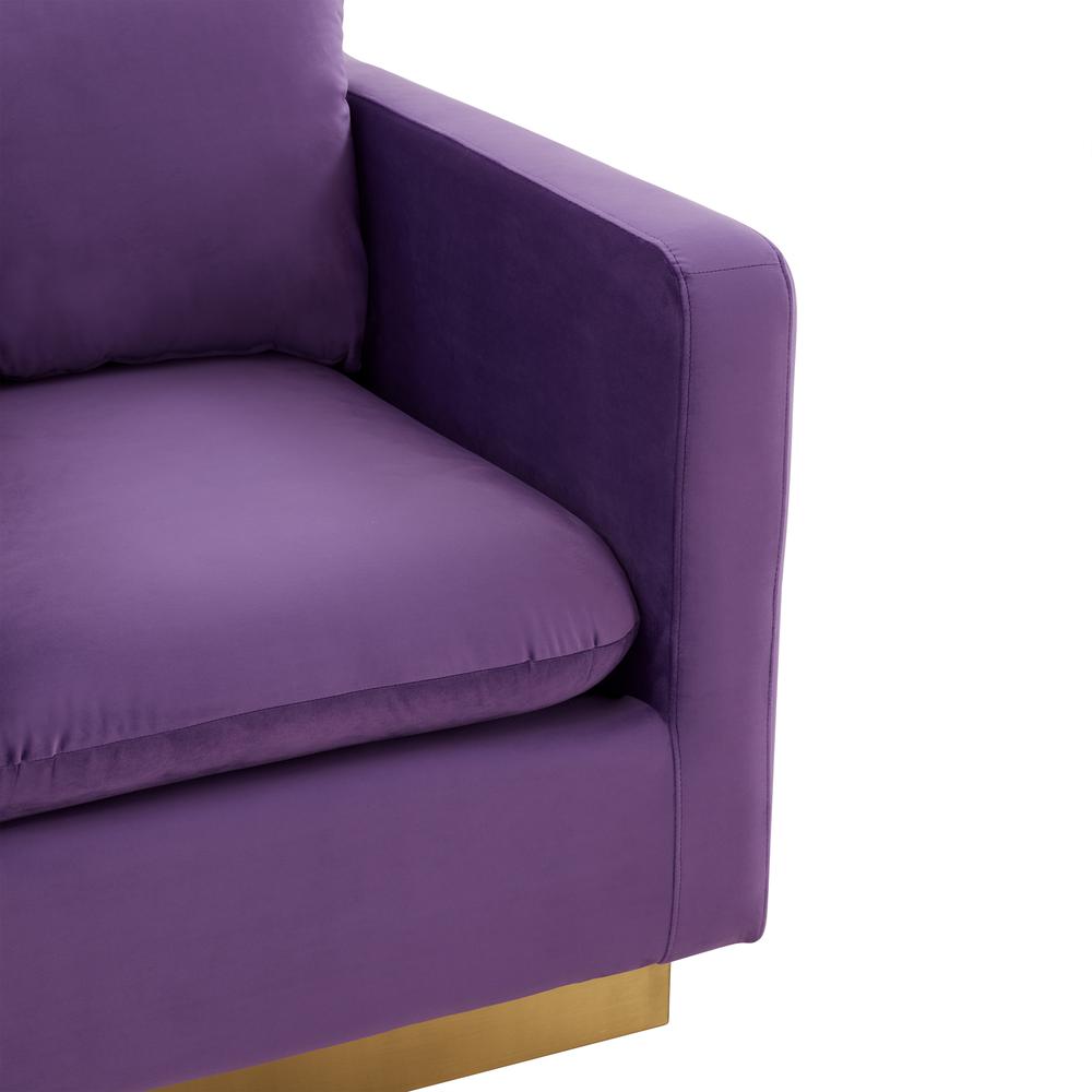 LeisureMod Nervo Velvet Accent Armchair With Gold Frame, Purple. Picture 5