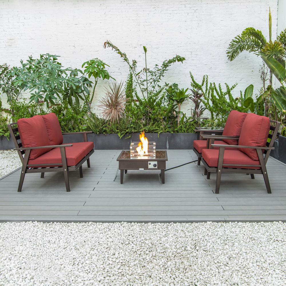 LeisureMod Walbrooke Modern Brown Patio Conversation With Square Fire Pit & Tank Holder, Red. Picture 8
